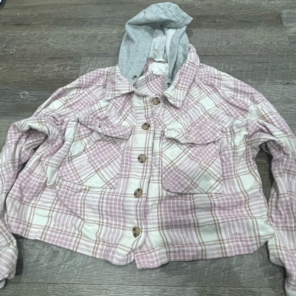 American Eagle Outfitters Plaid Jean Jacket with Hood